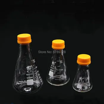 1 бр. конична колба от borosilicate стъкло с жълта спирала капак, капацитет на 250/500/1000/2000 мл, лабораторен стъклен контейнер