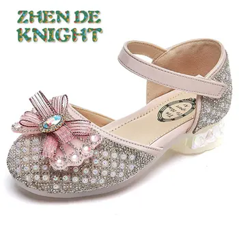 2023 г., летни сандали принцеси за момичета подметка със затворени пръсти и високи токчета, модерен лък, пайети, детски обувки с кристали