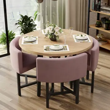 40-инчов кръгла дървена малка маса за хранене, комплект от 4 стола с розова тапицерия за защитения кътче на балкона.