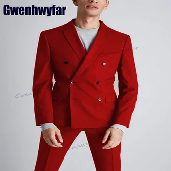 Gwenhwyfar Червен Мъжки костюм по поръчка, с Високо Качество, елегантен мъжки костюм от 2 части, двубортный костюм, сватбени и вечерни рокли (Яке + панталон)