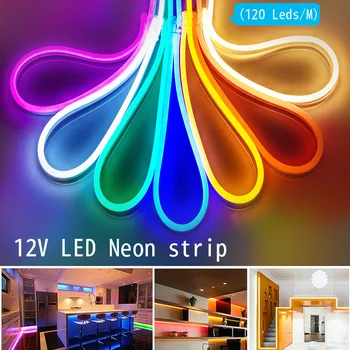 Led Осветление LED Neon Light Flex Sign DC12V Водоустойчива Led Лента 120leds/M Led Лента Топло Бял Червен Син Розов + Адаптер EU