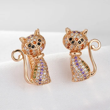 Wbmqda, новост, Розово злато проба 585, сладки обеци във формата на котка за жени, многоцветен циркон, необичайни декорации под формата на ушите на животните