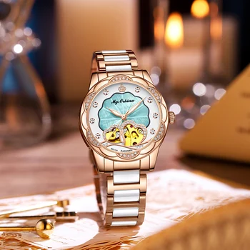 Дамски механични часовници ORKINA Fashion Luxury с розово-златист виртуален скелет, прозрачни ръчен часовник Diamond love, часовници е от неръждаема стомана