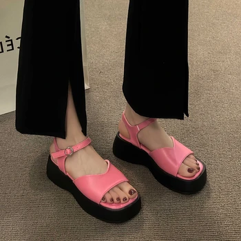 Дамски обувки 2023, летни висококачествени дамски сандали с каишка и катарама, ежедневни, сандали, дамски сандали на платформа с квадратни пръсти, Zapatos