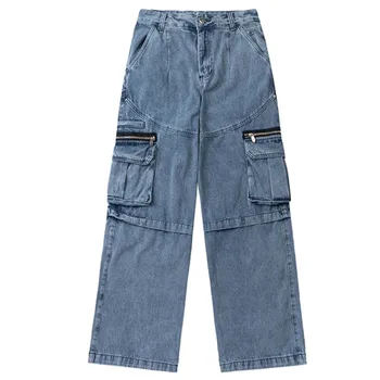 Дънки с джобове в уличном стил, модерен външен дизайн, ниша обикновена ежедневни прави панталони в стил хип-хоп