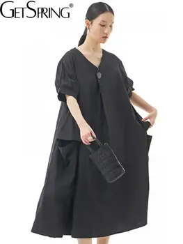 Женствена рокля Getspring 2022, модерно свободно рокля-риза с къс ръкав, асиметрично отворено ежедневното Рокля неправилни форми, пролет-лято