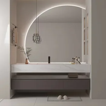 Каменна Плоча Интегрирано Полукруглое огледало Шкаф за баня, Мивка, Комбинация от Шкафове за измиване