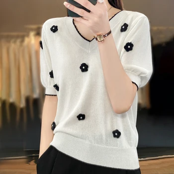 Лятна тениска с V-образно деколте, дамски блузи с цветя модел, корейската мода, свободни тениски с къс ръкав, Бяла трикотажная дамски дрехи XXL