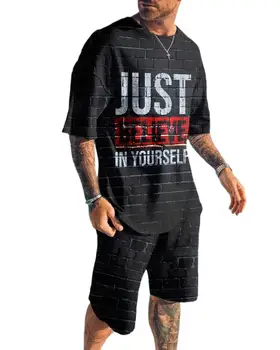 Мъжки спортни облекла от 2 теми, тениски с 3D принтом характер, уличен случаен комплект от две части, мъжки t-shirt голям размер за почивка, мъжки комплект