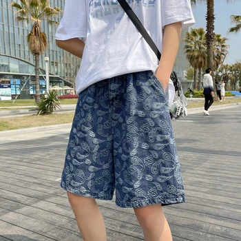 Нови летни мъжки дънкови шорти с флорални принтом кашу, корейски стил, мода и свободно време, провиснал директни къси дънки, мъжки марка
