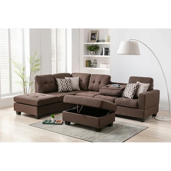Обръщане на секционни диван с 2 розетки, USB портове, L-образен диван, спестяващ пространство благодарение на пуфику за съхранение, подстаканникам и 4 подушкам