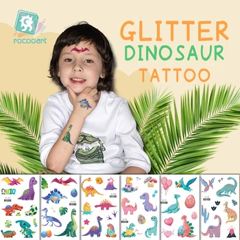 Сладки мультяшные временни татуировки, детски татуировки по лицето и ръцете, Детски стикери с динозаври за забавно парти, блестящи стикери с фалшиви татуировки на динозаврите