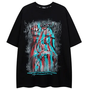 Тениска в стил хип-хоп Harajuku Oversize, Мъжка Лятна риза 2023 с кръгло деколте и принтом, Ризи с къс ръкав, Памучен Тениска за двойки