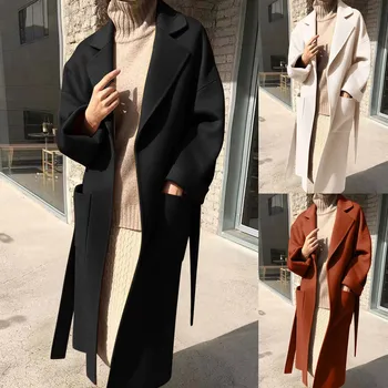 Дамско палто Вълна палто за жени Вълнена женски двубортное палто със средна дължина, с ревери дамско палто, вълнена палта за жени вълнена