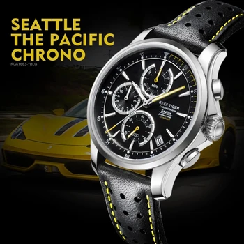 Спортен часовник с хронограф Reef Тигър /RT, мъжки многофункционални кварцов часовник с дата и суперсветящимся кожена каишка на часовник